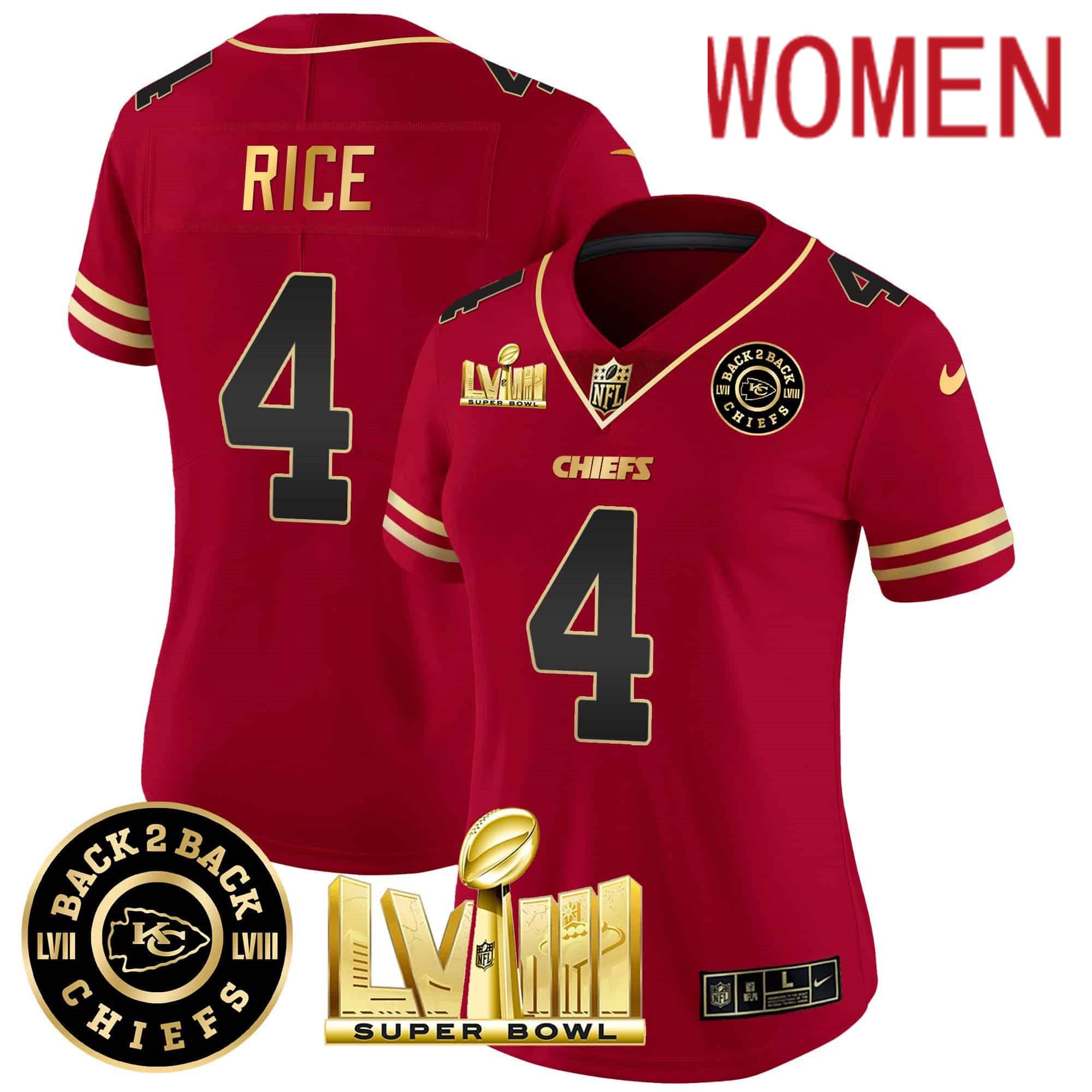 Women Kansas City Chiefs #4 Rice Red 2024 Nike Super Bowl LVIII & Back-2-Back Patch Vapor NFL Jersey style 1->women nfl jersey->Women Jersey